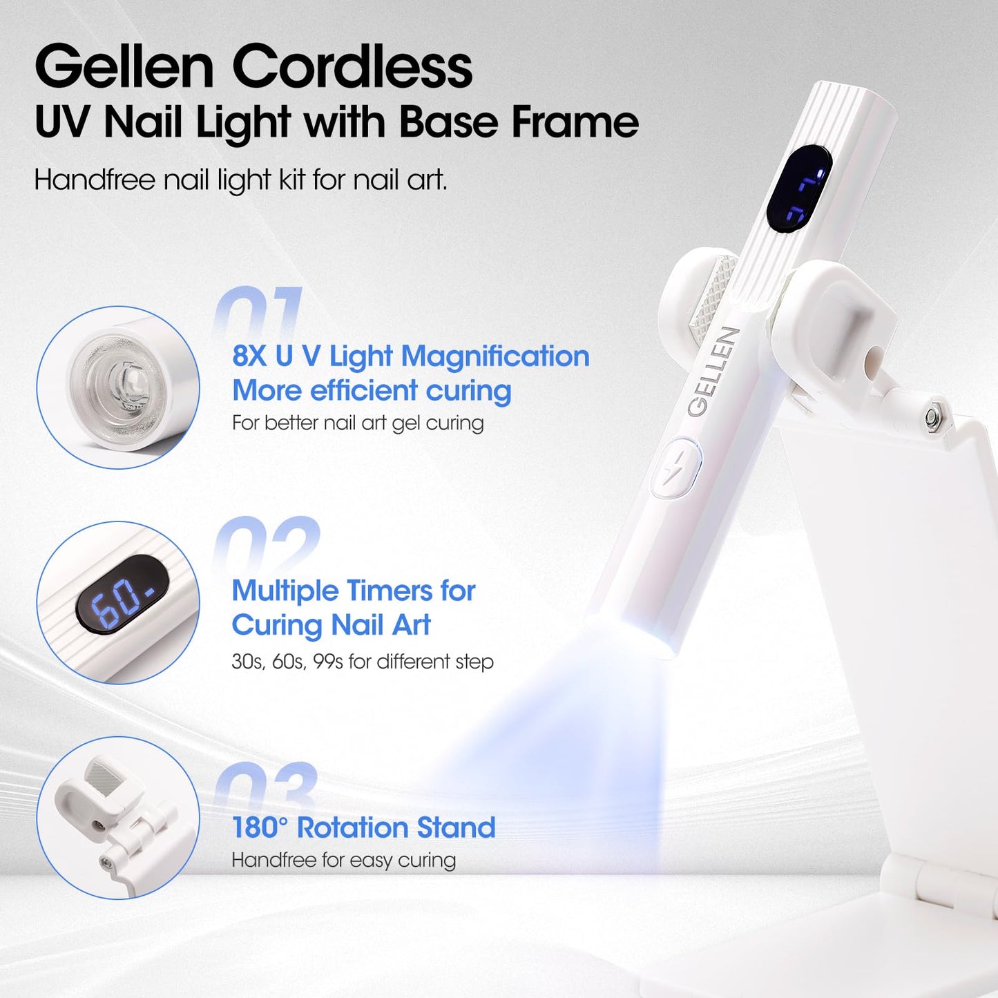 Gellen UV Light for Gel Nails with Stand, Mini Handheld UV Nail Lamp, Flash Cure Nail Lamp Cordless Rechargeable Nail Dryer with LCD Display, 3 Timers 30s/60s/99s, 180° Rotatable Holder (White)