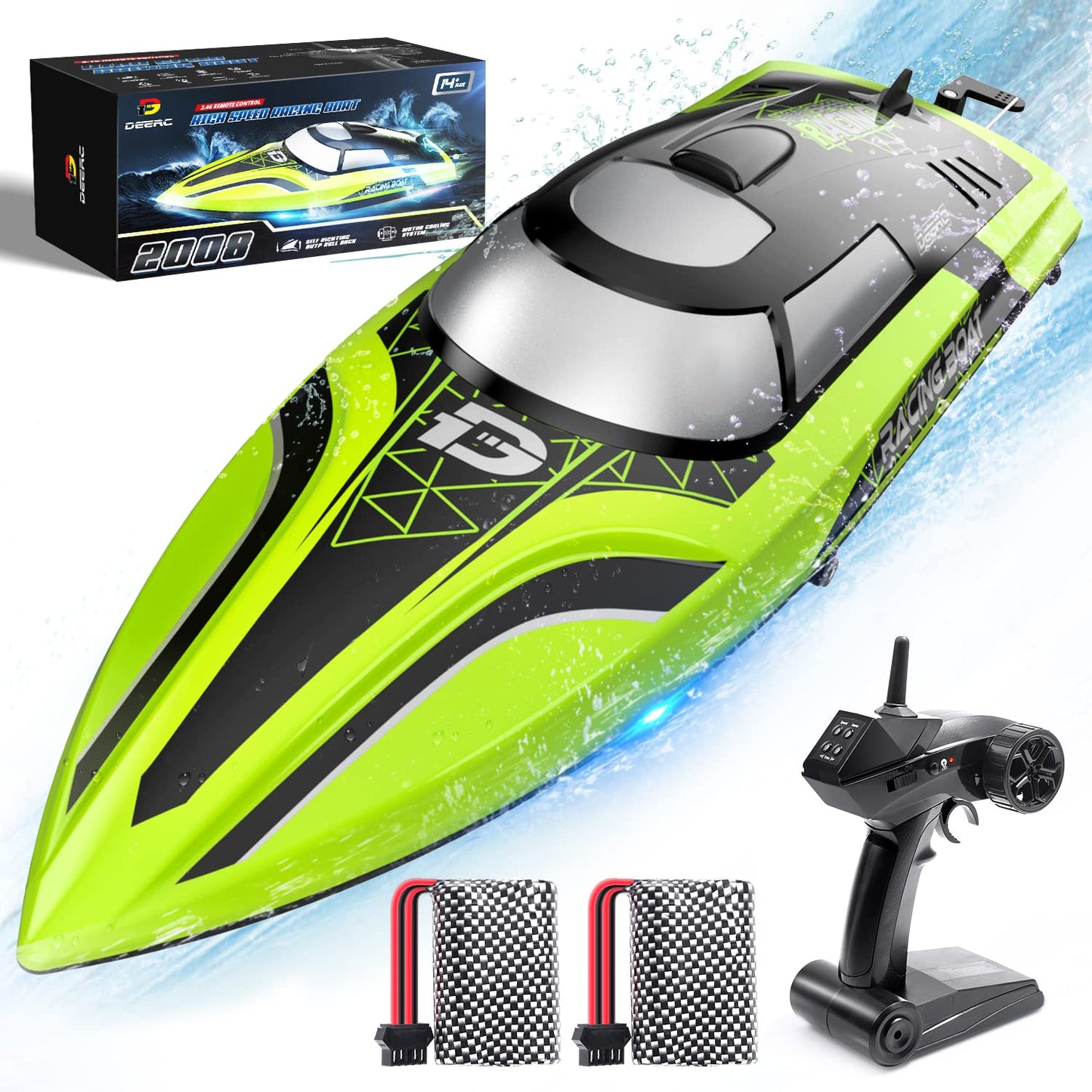 DEERC 14-Inch RC Boat, 20+ MPH High Speed Remote Control Boat for Pool & Lake, Auto Self-Righting, 2 Batteries, 493FT Control Range, LED Lights, 2.4GHz Full Proportional Control, Water Toy Gift