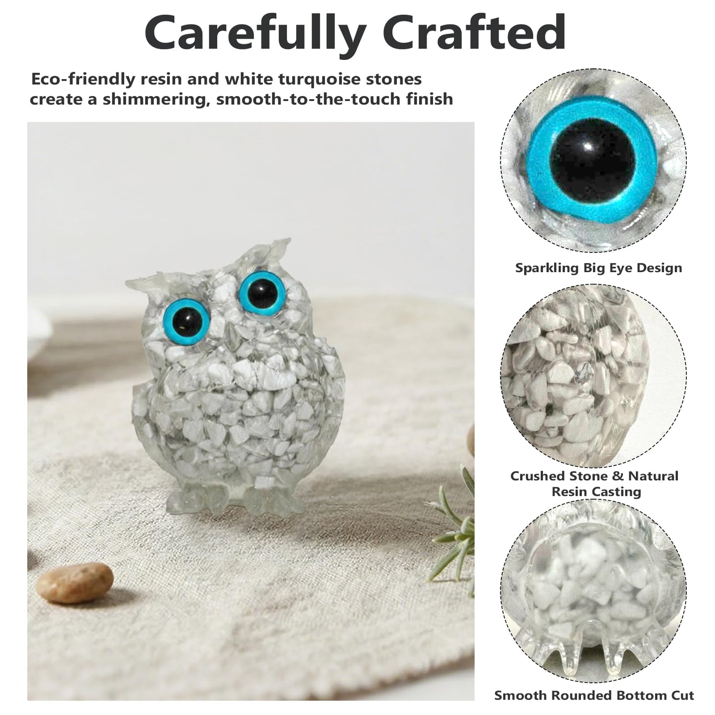 PinpinPony Owl Statue, Natural Gemstones Decor for Home Office, Shelf Display Figurine, Handcrafted Unique Owl Sculpture(White)
