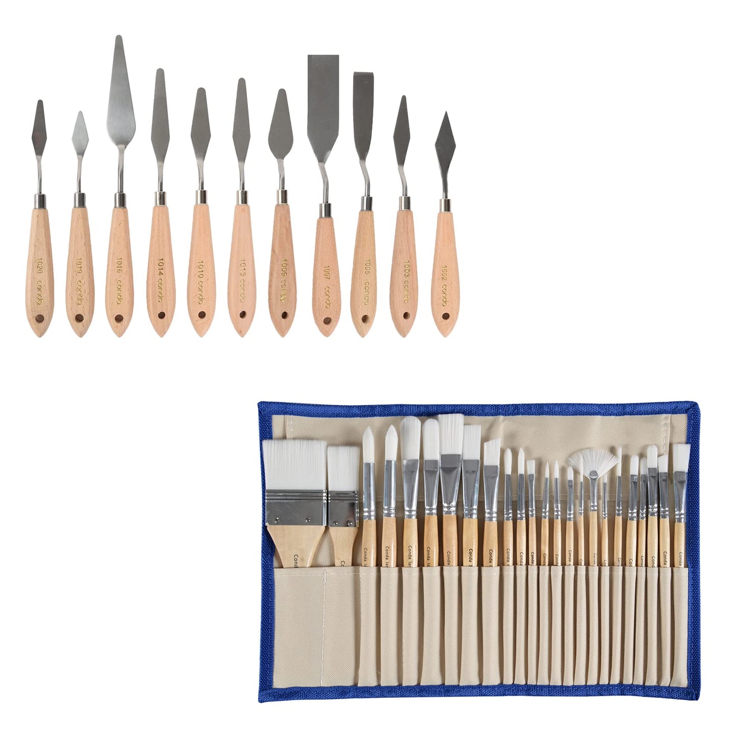 CONDA 11 Piece Stainless Steel Wood Handle Spatula Palette Knife and CONDA Paint Brushes Set of 24