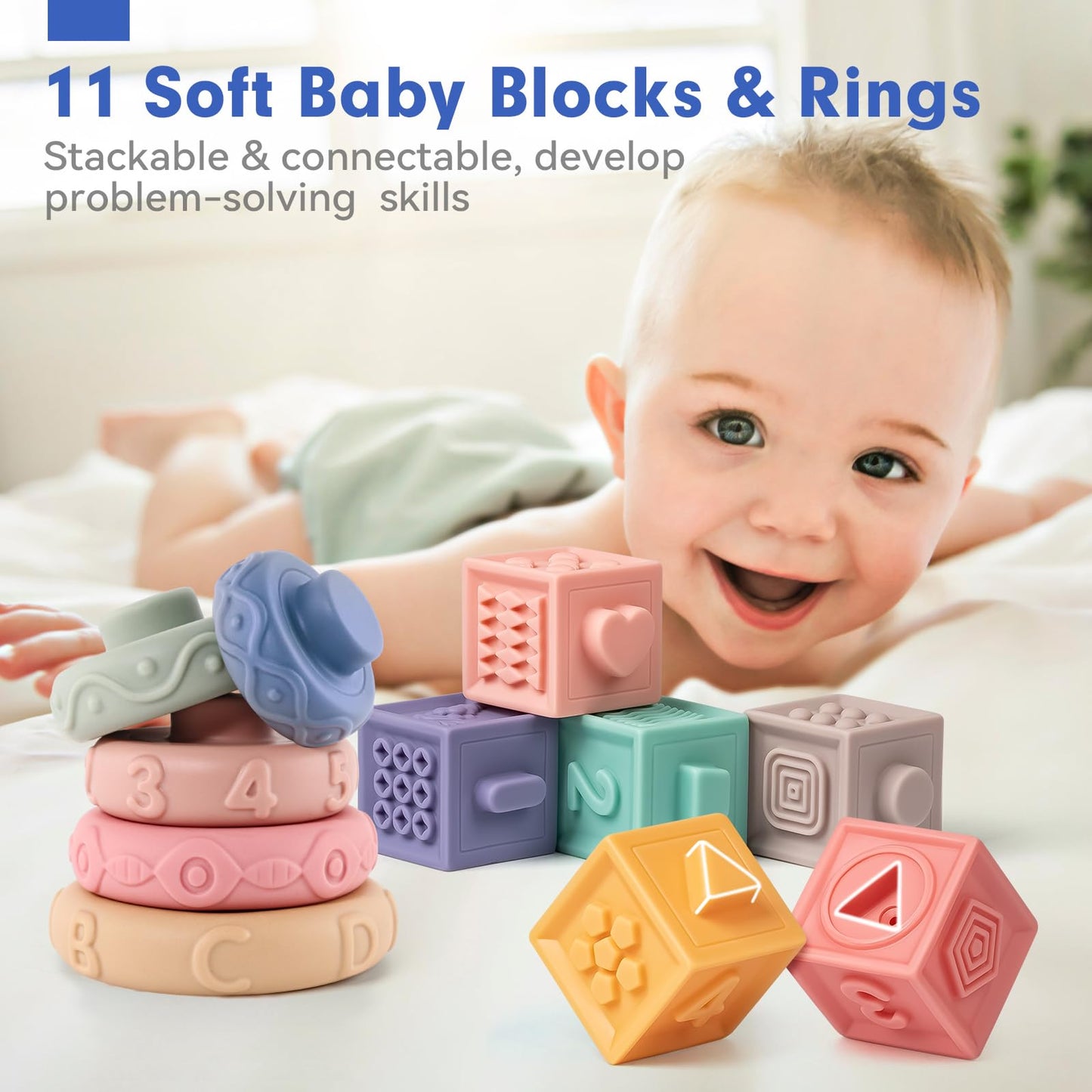SpringFlower 3 in 1 Montessori Toys for Babies 0-3-6-12 Months, Rattle Teether & Baby Blocks & Soft Stacking Rings, Sensory Developmental Education Toys,Gift for Toddler Baby 0-3-6-12-18 Months