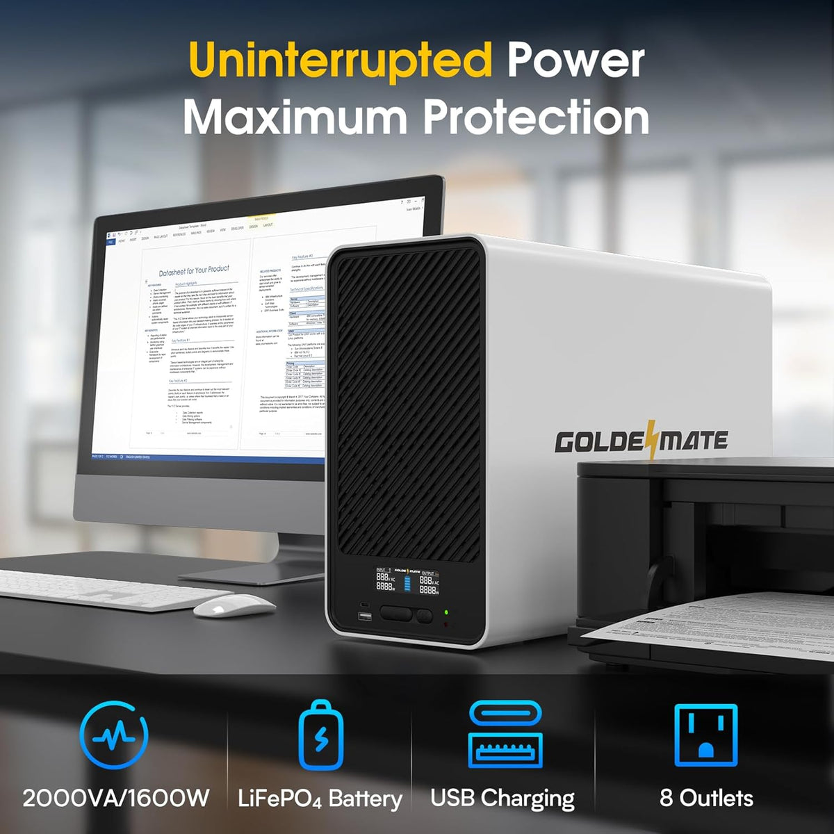 2000VA/1600W Pro Lithium UPS Battery Backup and Surge Protector, Backup Battery Power Supply with LiFePO4 Batteries(460Wh), AVR, Line Interactive Sinewave UPS System, 8 Outlets, LCD Display