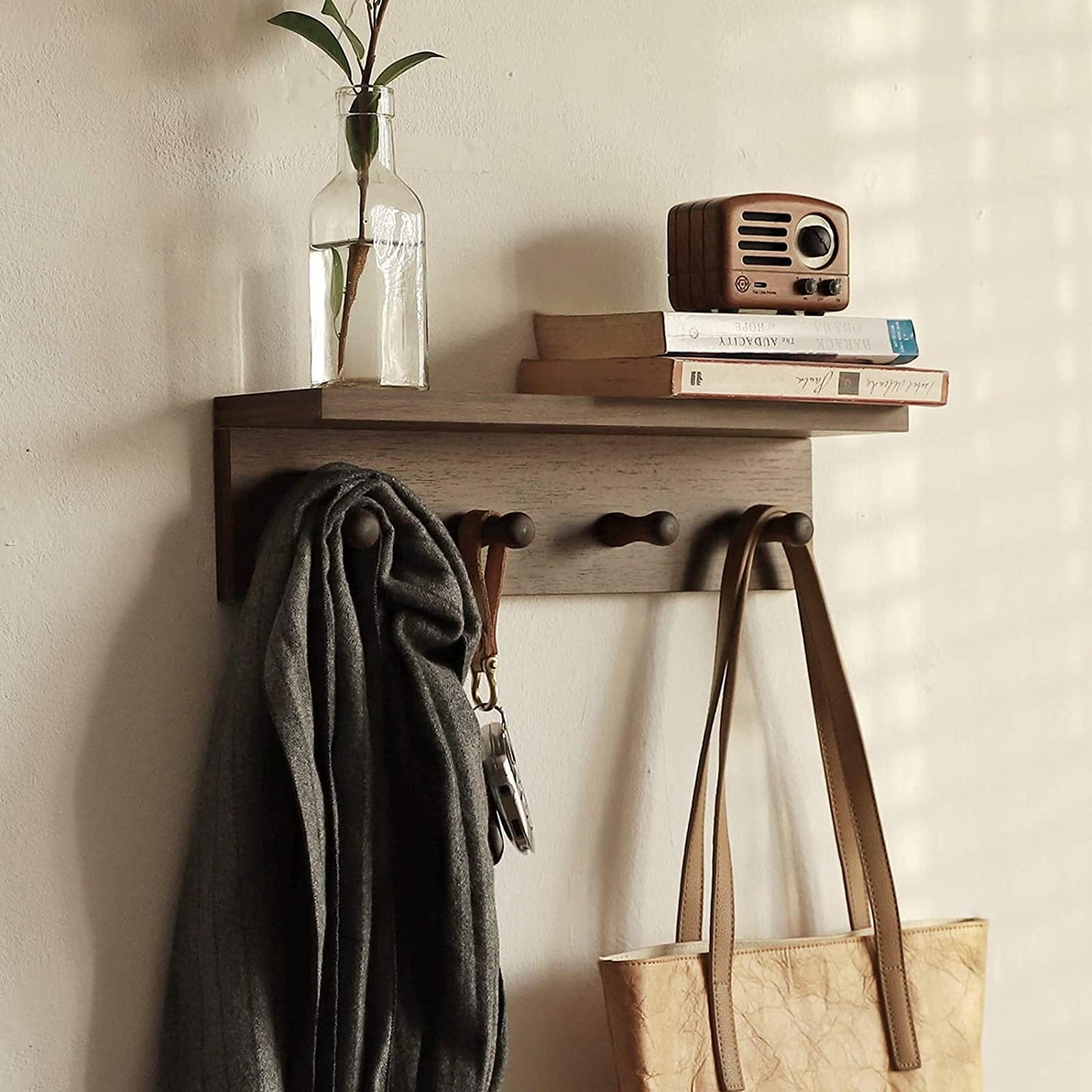 XAOMLP Entrance Coat Rack ，Coat Hooks, Wall-Mounted Wooden Hook Rack, Wall-Mounted Shelves are Very Suitable (Walnut Color Finish—A-1)