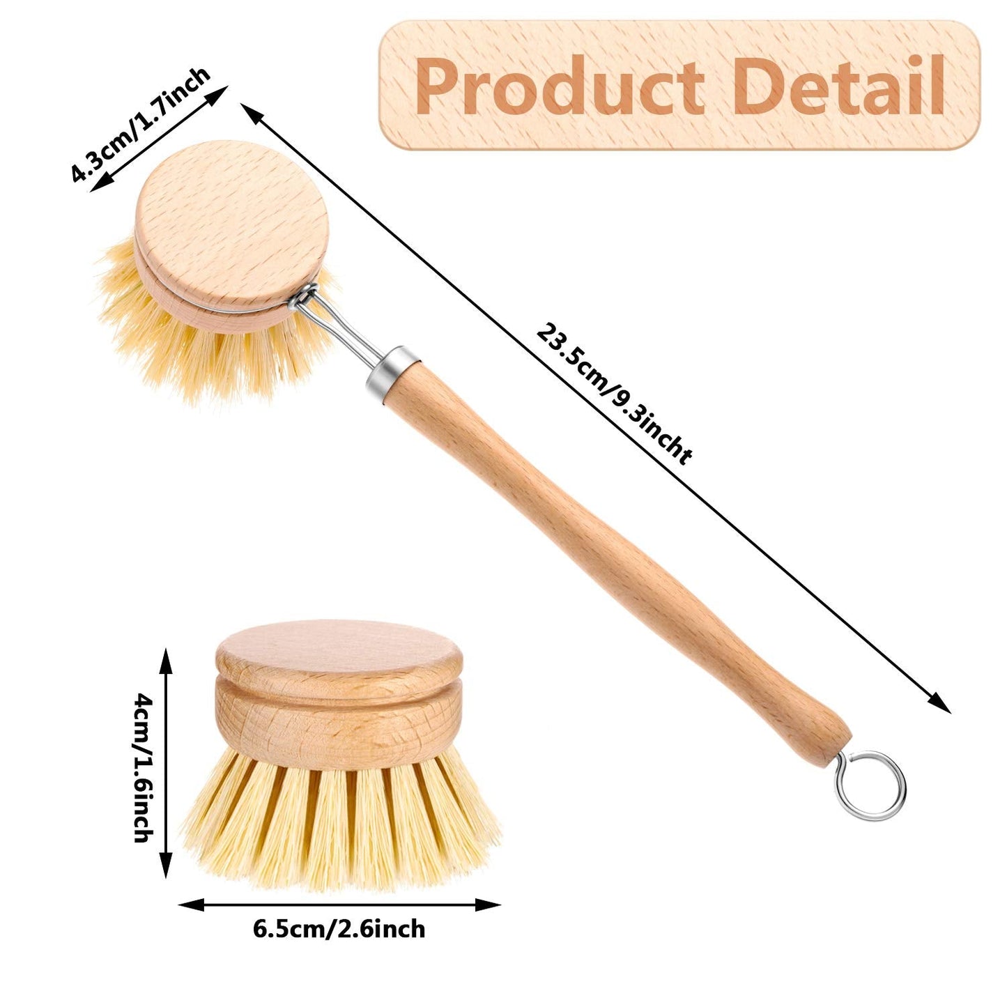Boao Dish Brush with Beechwood Handle with 2 Replacement Heads Natural Wood Dish Scrub Brush for Washing and Cleaning Pots and Pans