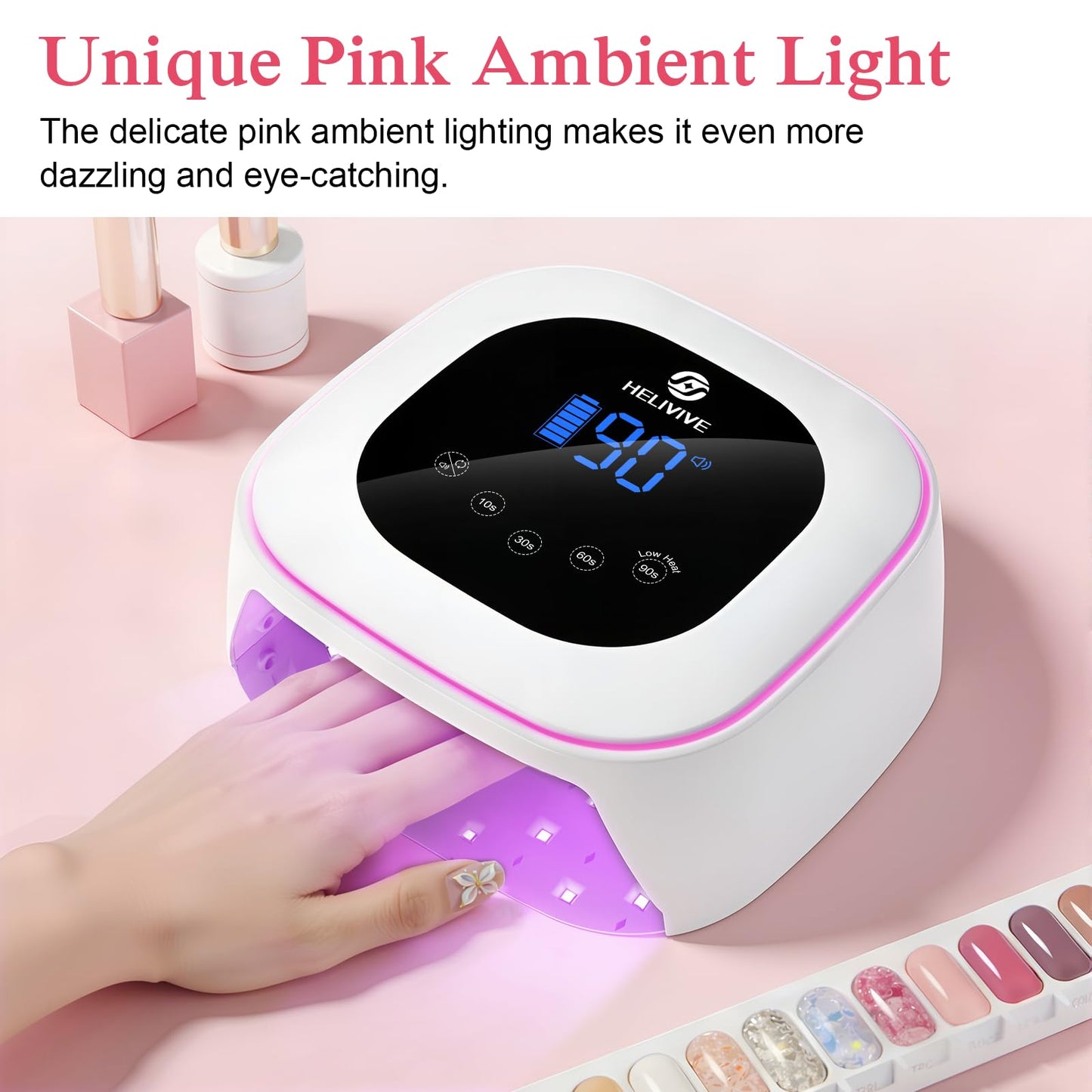 HELIVIVE Cordless UV LED Nail Lamp, 80W Rechargeable Nail Dryer with 4 Timers, Atmosphere Light & Mirror Base, UV Light for All Gel Nails, Ideal for Training,Nail Art Practice,Home & Salon Use (White)
