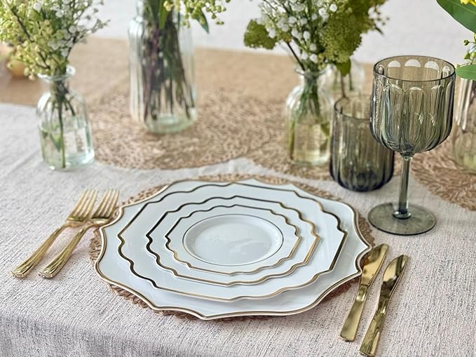 OCCASIONS 40 Piece Heavy Duty Disposable Plastic Charger Plates 13.25" for Party, Wedding, Elegant Dinner, BPA-Free, Premium Tableware – Scalloped Imperial White & Gold
