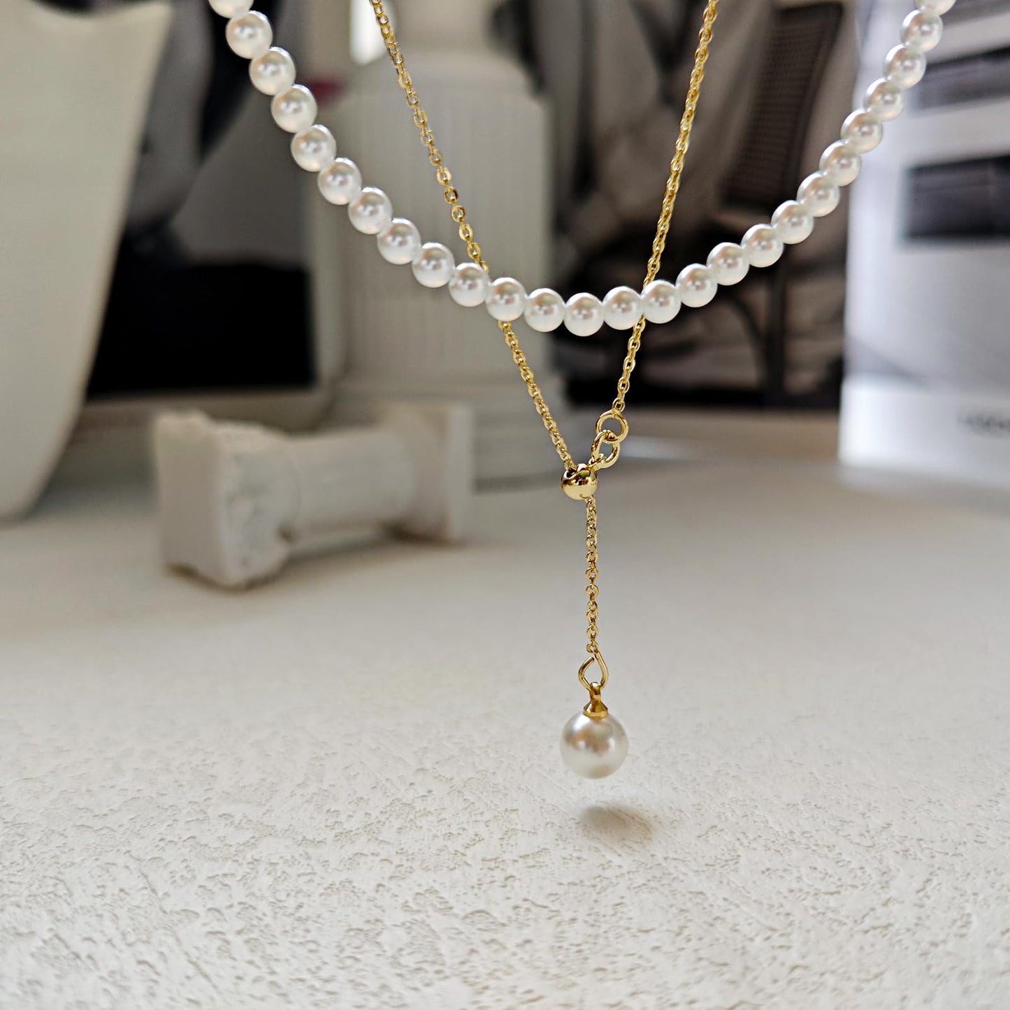 Zeffy Layered Long Pearl Necklaces Dainty Gold Pearl Lariat Necklace Stack Prom Drop Dangle Statement Adjustable Trendy Simple Pearls Choker Y-Shaped Chain Wedding Women's Jewelry Set Gift