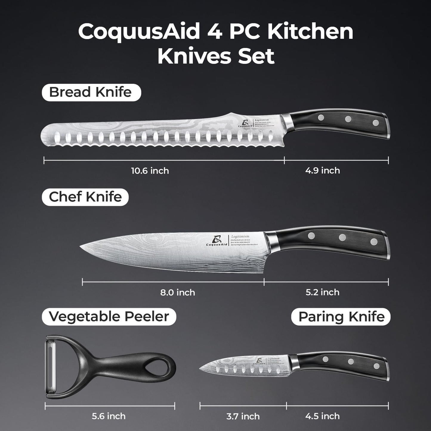 CoquusAid Kitchen Knives Set, 4 PCS Professional Chef Knife Set, Razor Sharp High Carbon Stainless Steel Knife Set, Ergonomic Handle Design, Ideal for Everyday Home Use, Perfect Gifts for Kitchen