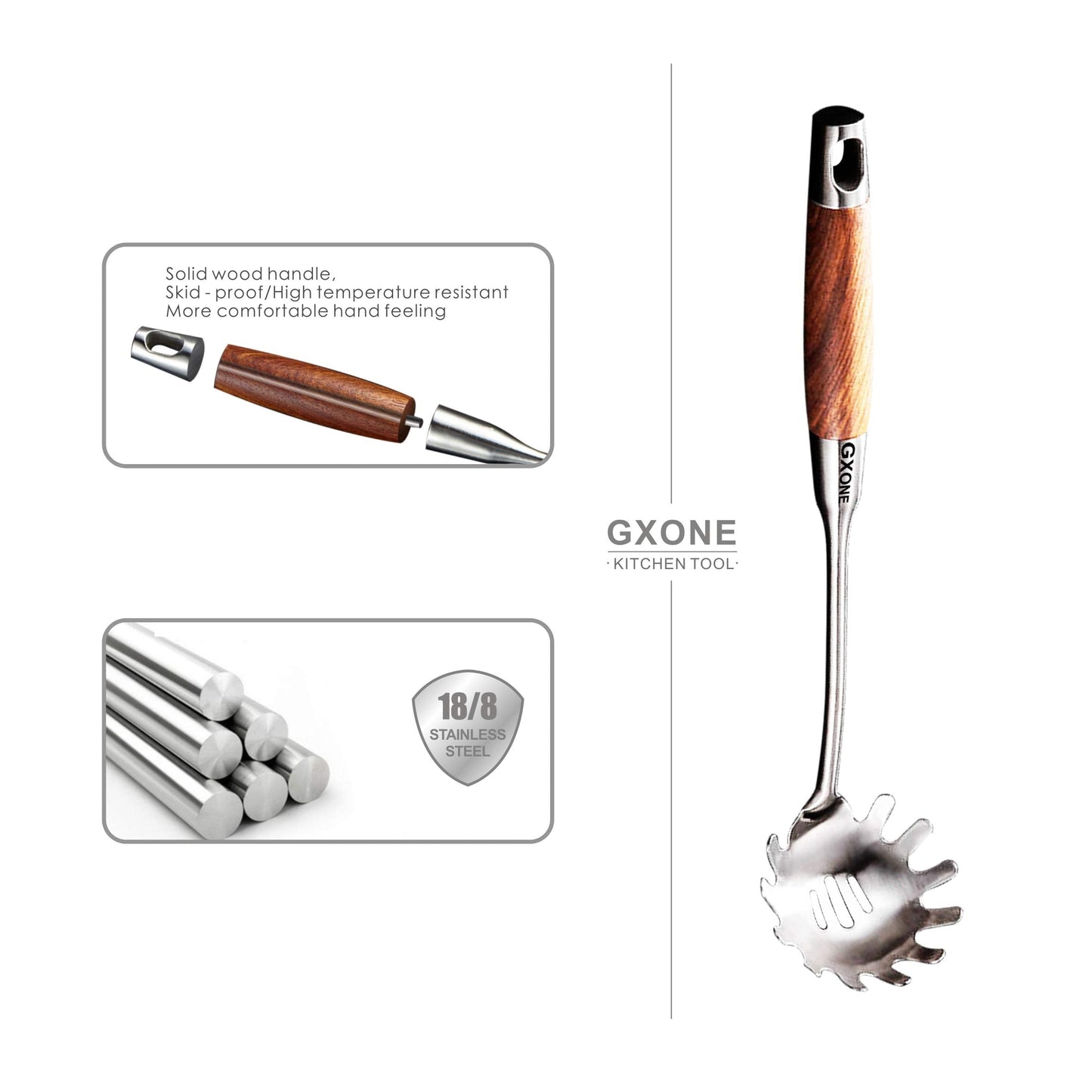 GXONE Spaghetti Spoon,304 Stainless Steel Pasta Spoon with Heat Resistant Wooden Handle,Silver/14.2Inch