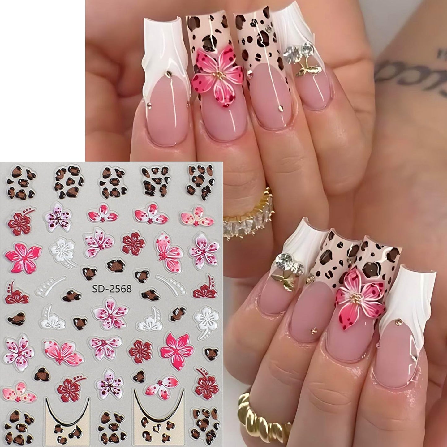 French Leopard Print Flower Nail Art Stickers 3 Sheets 5D Embossed Orchid Lily Cherry Blossom Floral Wild Leopard Print Press On Nails Decals Nail Charms Japanese Style Decorations Nail Stuff