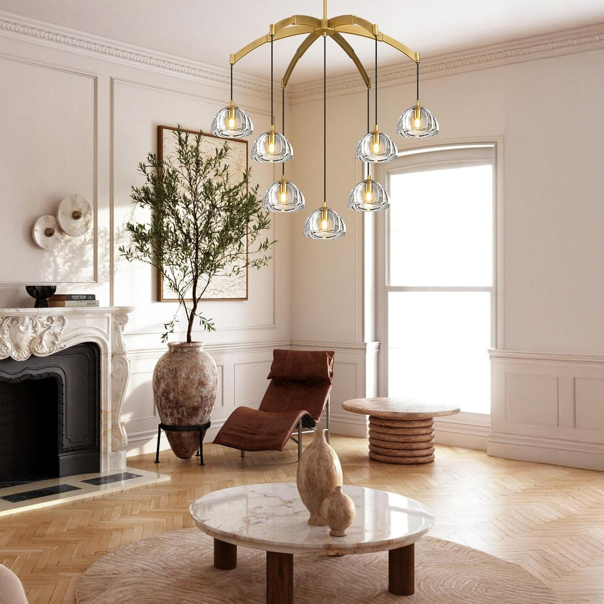 Modern Gold Chandelier, 34 inch Crystal Chandeliers for Dining Room (7-Light), Elegant Decoration Light for Living Room, Foyer Brass Chandeliers