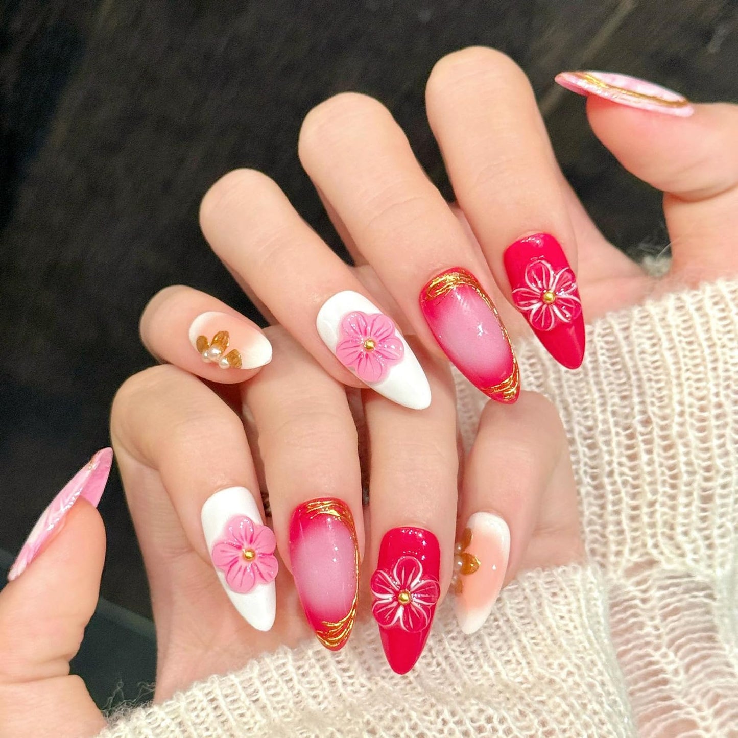 10Pcs Spring Handmade Press On Nails Medium Almond Fake Nails with 3D Flower Gold Foil Design Glossy Acrylic False Nails Reusable Full Cover Nails Press ons Holiday Stick on Nail for Women (S)