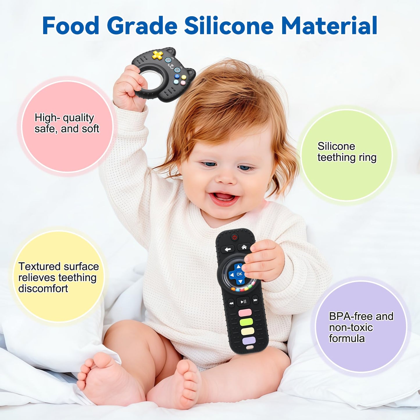 2 Pack Baby Rattles Teething Toy for Babies 3-6 Months, Teething Relief for Infant 6-24 Months, Silicone Teethers TV Remote Boys and Girls Sensory Toy