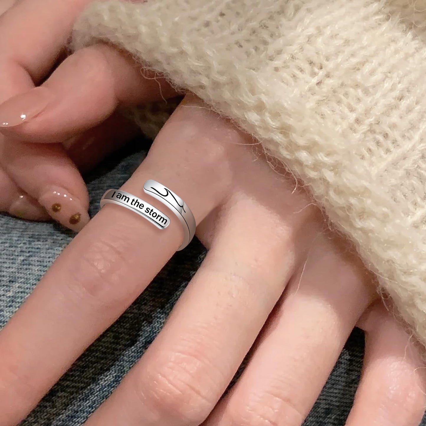925 Sterling Silver Inspirational Jewelry Adjustable Wrap Open Ring Encouragement Gift for Women(I am the storm 2)