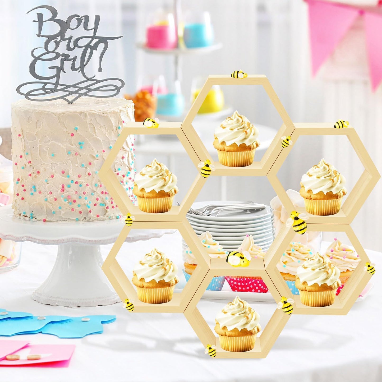 8 Pcs 4.13 Inch Honeycomb Cupcake Stand Cake Farmhouse Hexagon Display Holder Hexagonal Wood Cupcake Stand Floating Table Sign with Wooden Bee for Wedding Baby Shower Birthday Party Table Decorations