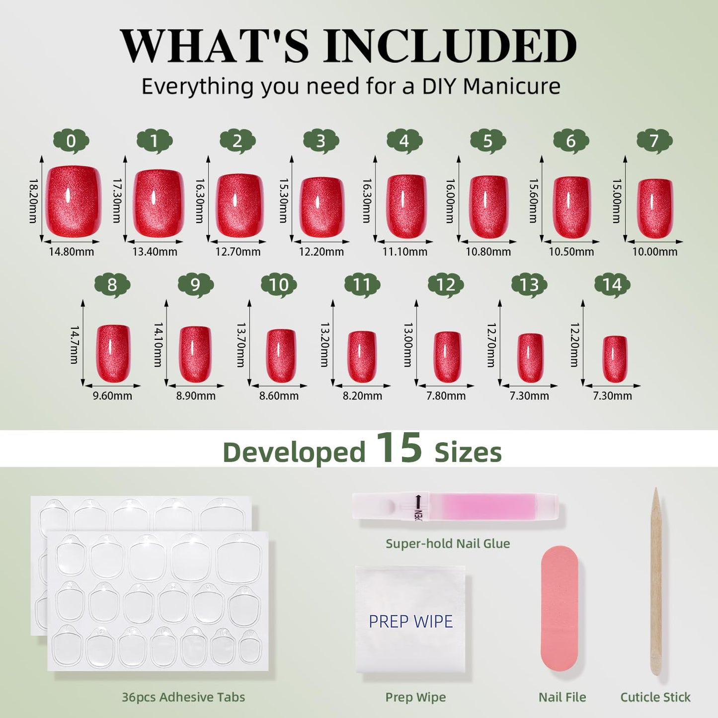 Red Cat Eye Press On Nails Square- Red Short Square Fake Nails, Cateye Press On Nails Reusable Stick On Nails in 15 Sizes, 30pcs False Nail Kit for Women & Girls (Ruby Night)