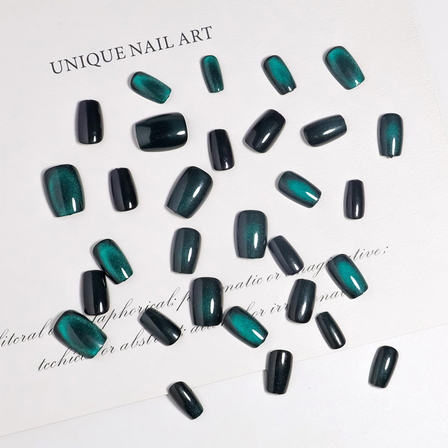 30Pcs Green Galaxy Press On Nails, Sparkly Starry Fake Nails with Magnetic Glossy Finish, Glitter Gradient False Nail Tips for Women Party Daily Wear, Reusable Manicure Kit with Adhesive Tabs