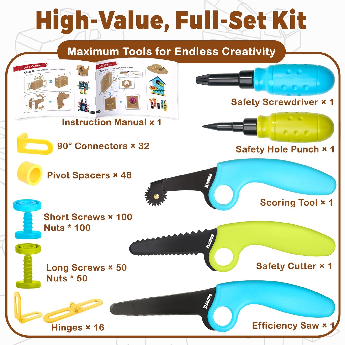 ZLemma Cardboard Construction Kit - 401 PCS Kids Building Set with Safe Serrated Cutter, Crease Roller, Screws & Nuts, STEM Upcycled Tool for DIY Cardboard Projects, Engineering & Creativity