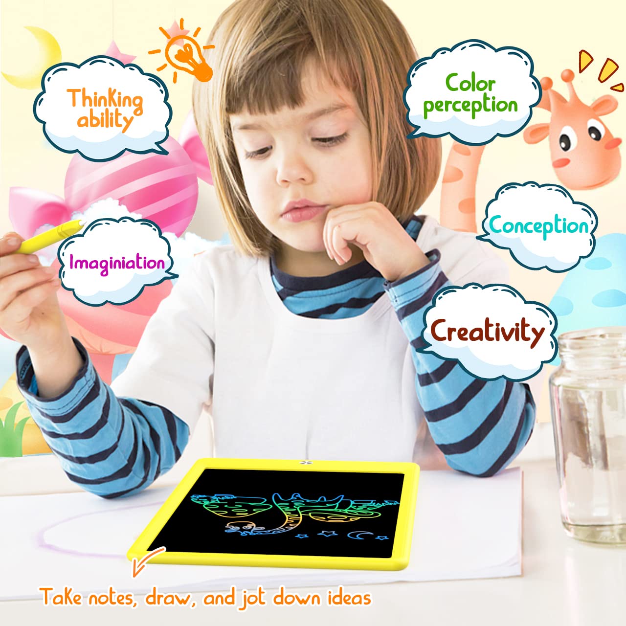 BUKEBU LCD Writing Tablet Doodle Board,10.5 inch Colorful Drawing Pad,Electronic Drawing Tablet, Drawing Pads,Travel Gifts for Kids Ages 3 4 5 6 7 8 Year Old Girls Boys (Yellow)