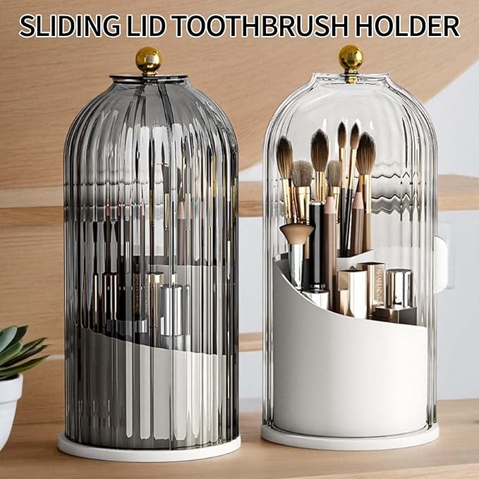 Sliding Lid Toothbrush Organizer, Toothbrush Holders with Sliding Lid, 360° Rotating Dustproof Concealed Toothbrush Holder, 3-Slot Varying Heights, Ideal for Bathroom, Makeup & Travel (Black)