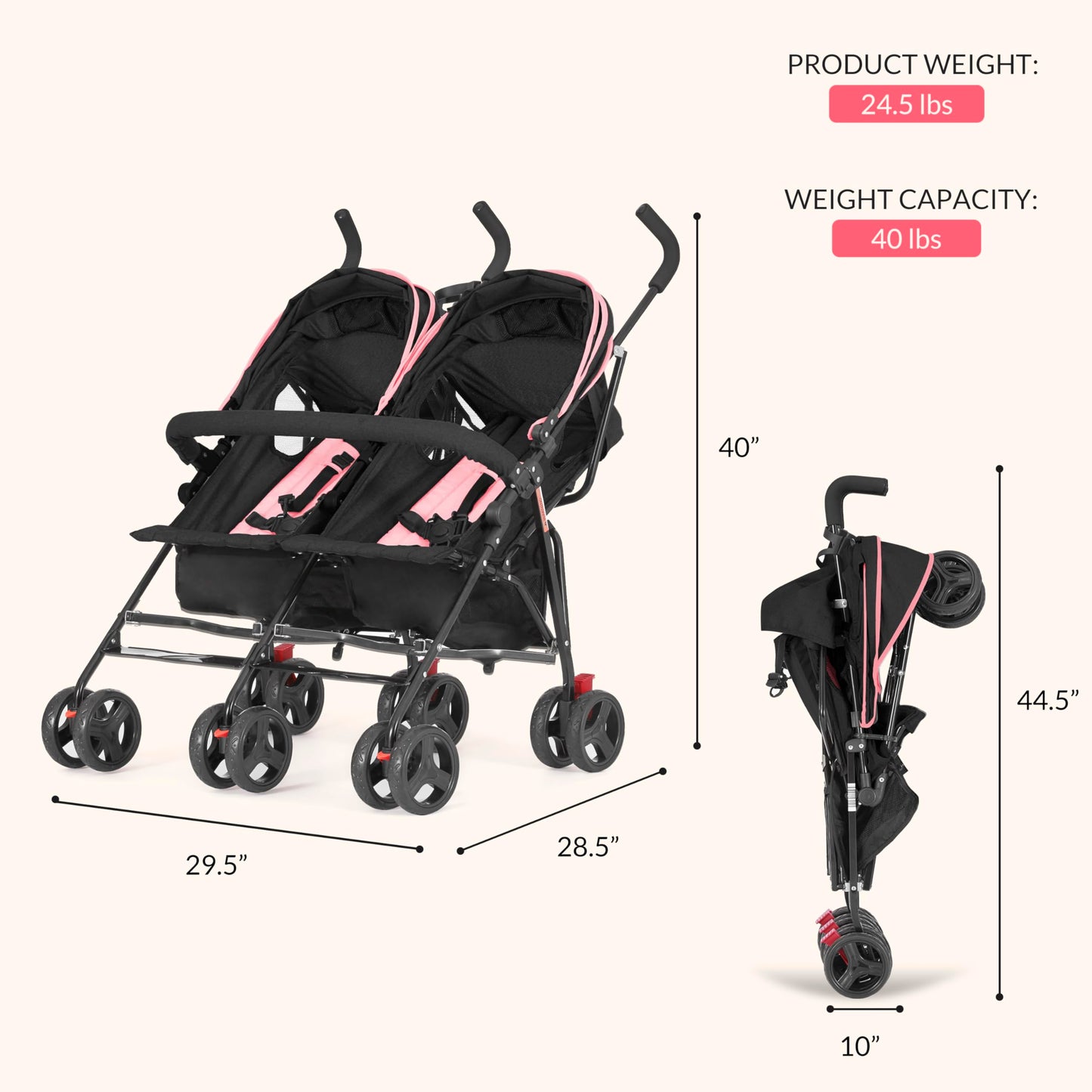 Dream On Me Volgo Twin Baby Stroller, Lightweight Side-by-Side Double Umbrella Stroller with Adjustable Canopy, 5-Point Harness, Storage Basket & Travel-Friendly Fold – Pink