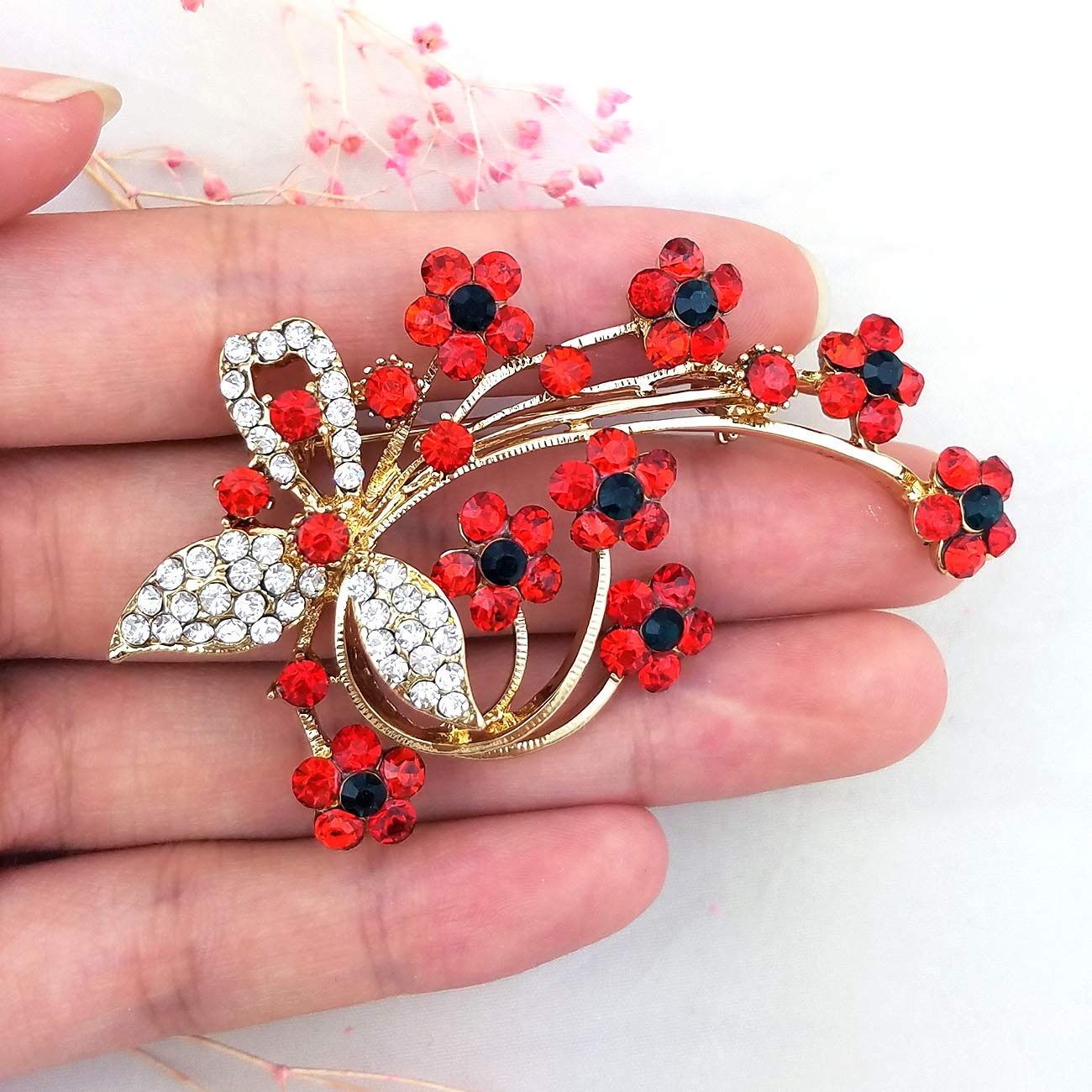 YOQUCOL Red Garnet Ruby Colour Cubic Zirconia Crystal Poppy Flower Shape Brooch Pins for Woman