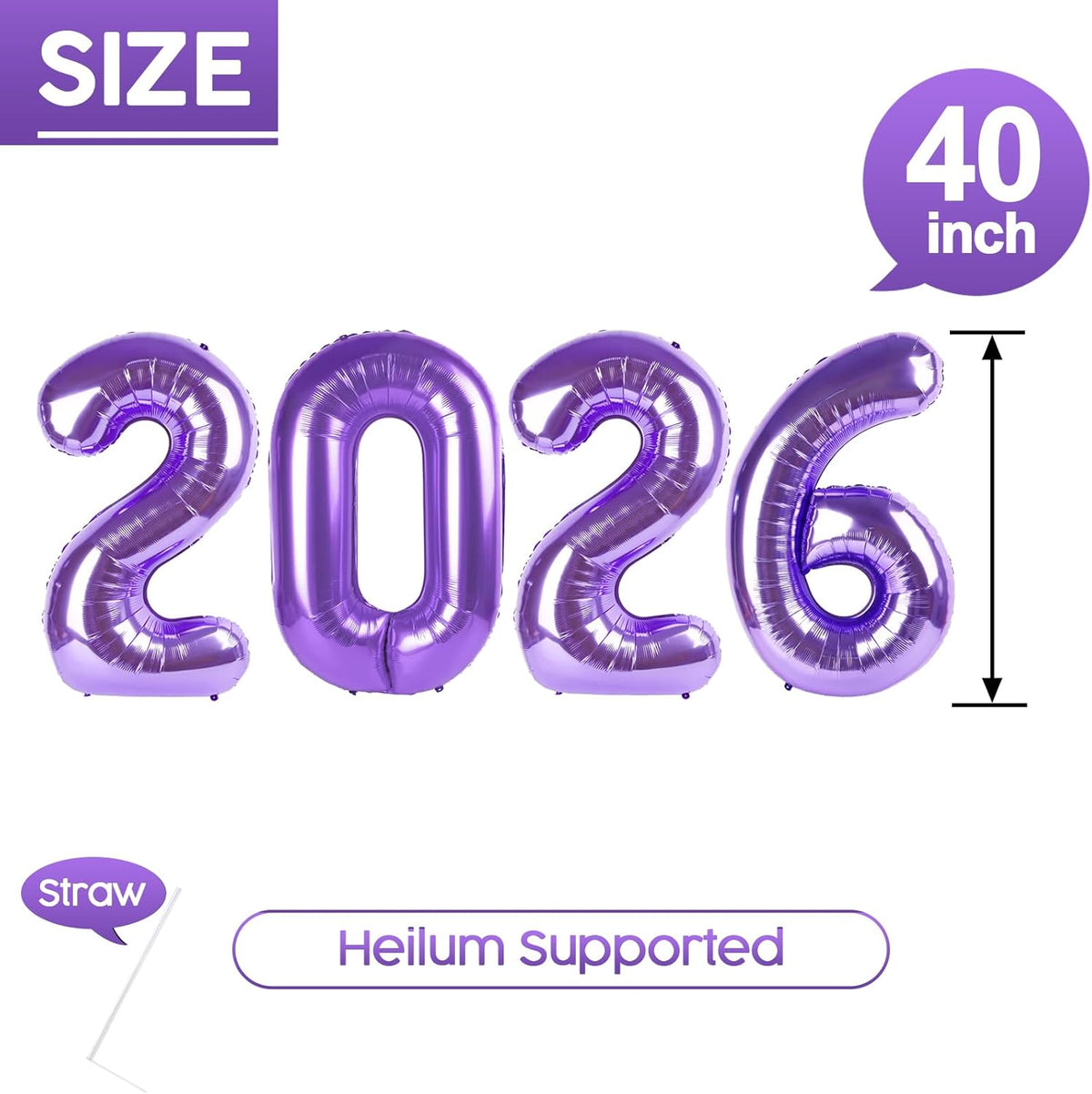 2026 Balloon - 2 Pack Purple Birthday Number Balloons, 40 Inch Large Foil Balloons for Men Women Boys Girls Purple Themed Birthday Decorations，Number 2026 Balloon