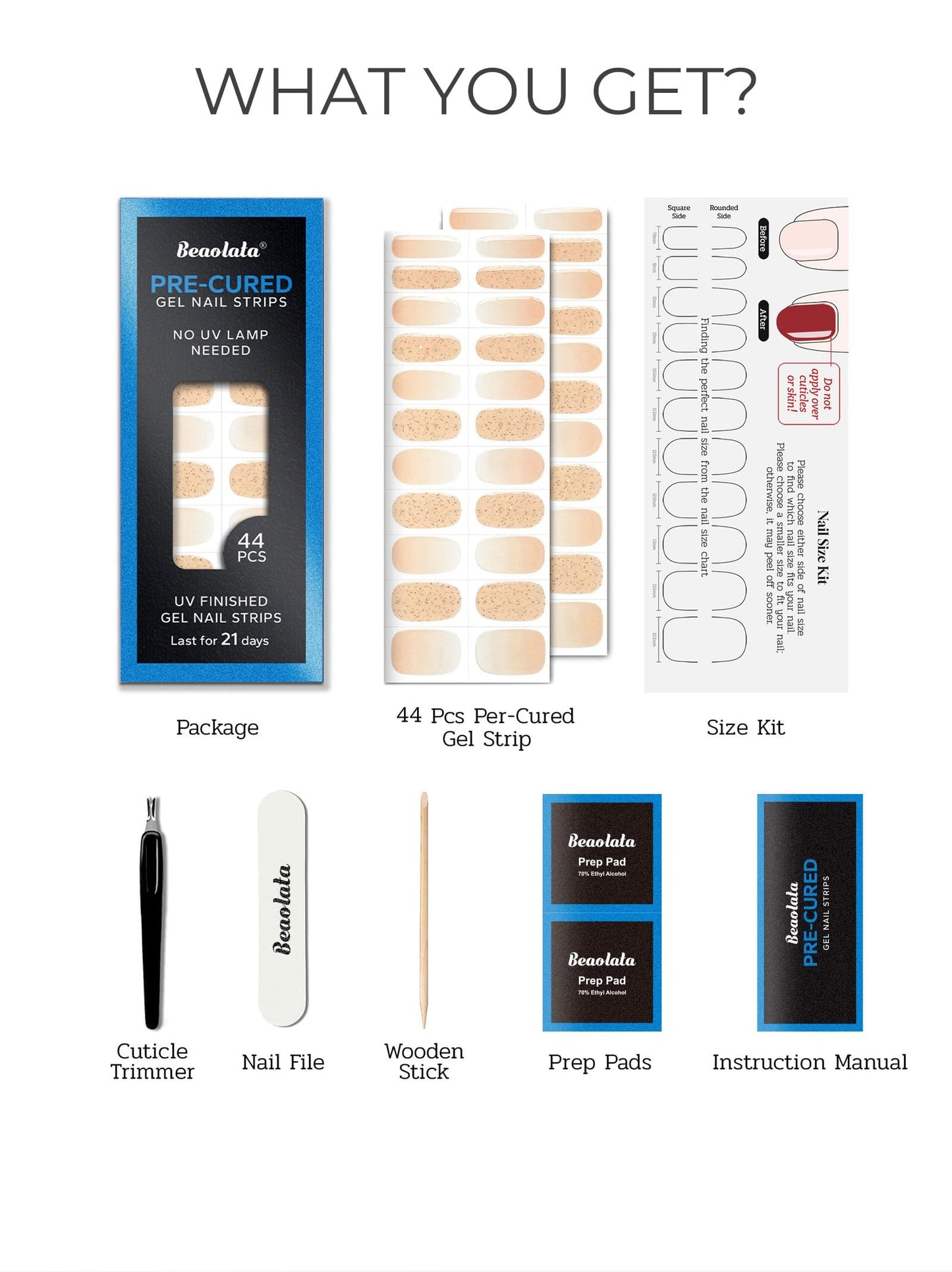 Beaolata Real Gel Nail Strips (No UV Light Needed) - 44Pcs Salon Quality Nail Stickers - Long Lasting Polish Wraps for Women, Easy Apply & Remove (Crush Gold）