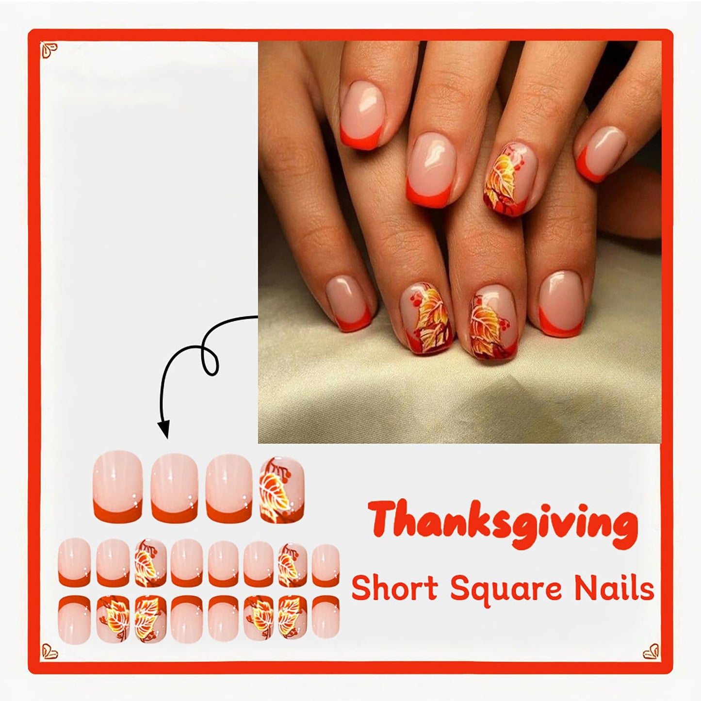 EYZOTSF Thanksgiving Press on Short Square Nails Acrylic Fall False Nails with Maple Leaf Designs Artificial Autumn Leaves Square Fake Nails Holiday Glue Stick ons Fingernails for Women(JB909)