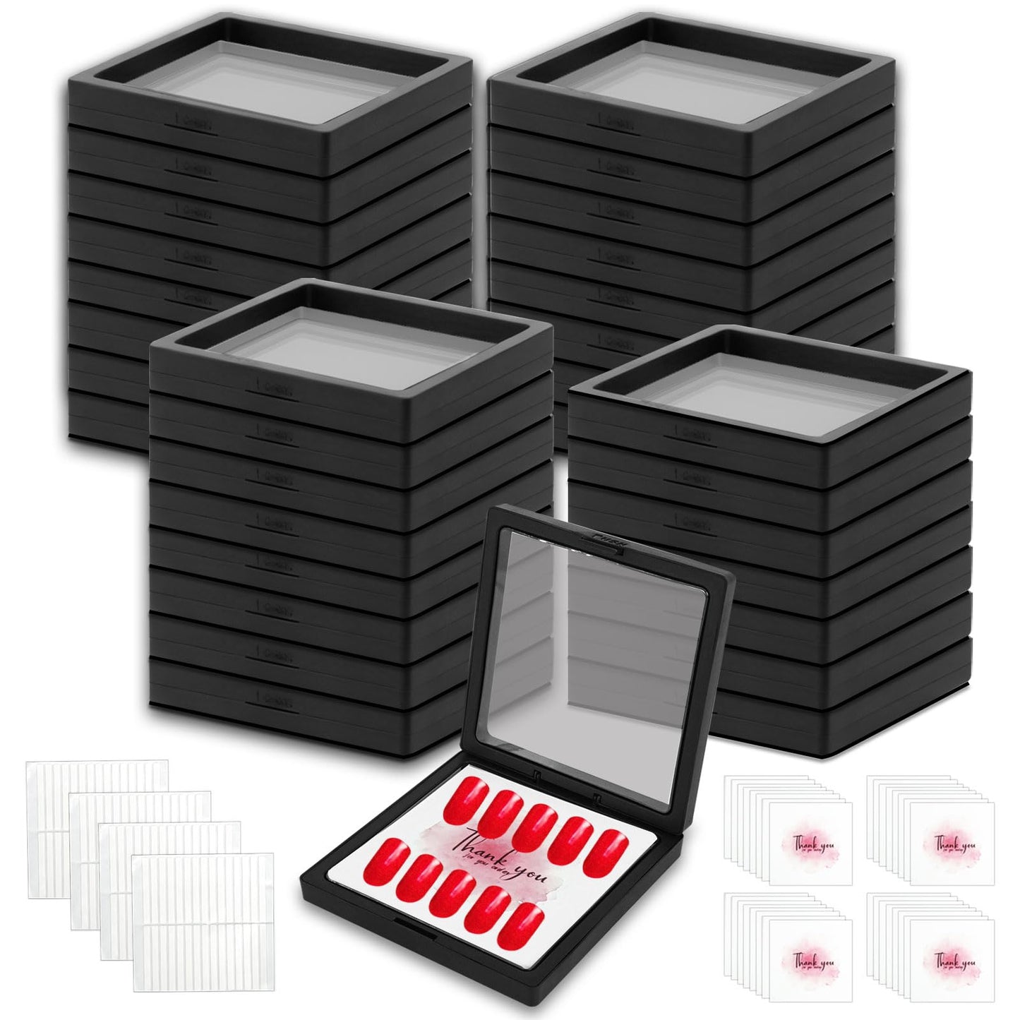 PEDOBALI 32 Pcs Press On Nail Packaging Box with 120 Pcs Adhesive Double Sided Tape, Black Artificial Nail Display Case, Earrings Storage Organizer, for Birthdays, Christmas Gift