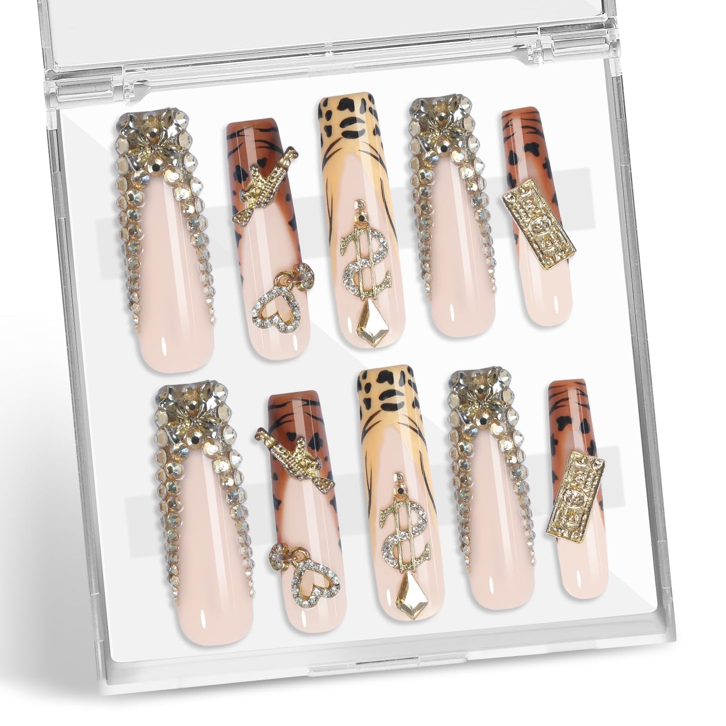 XGV Handmade Press on Nails Long Square 10pcs, Pink Fake Nails with Rhinestones, Reusable Acrylic Press on Nails for Party Salon