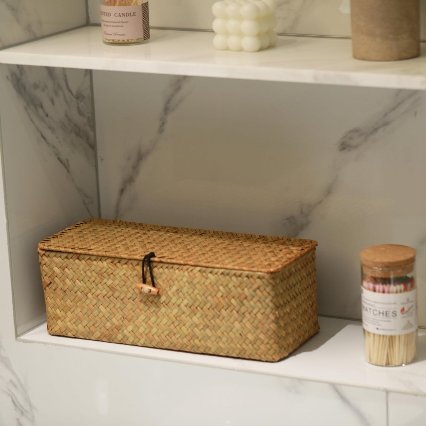 DECRAFTS Seagrass Storage Basket with Lid Rectangular Small Woven Shelf Baskets with Sections for Organize Snack Toys Tampon