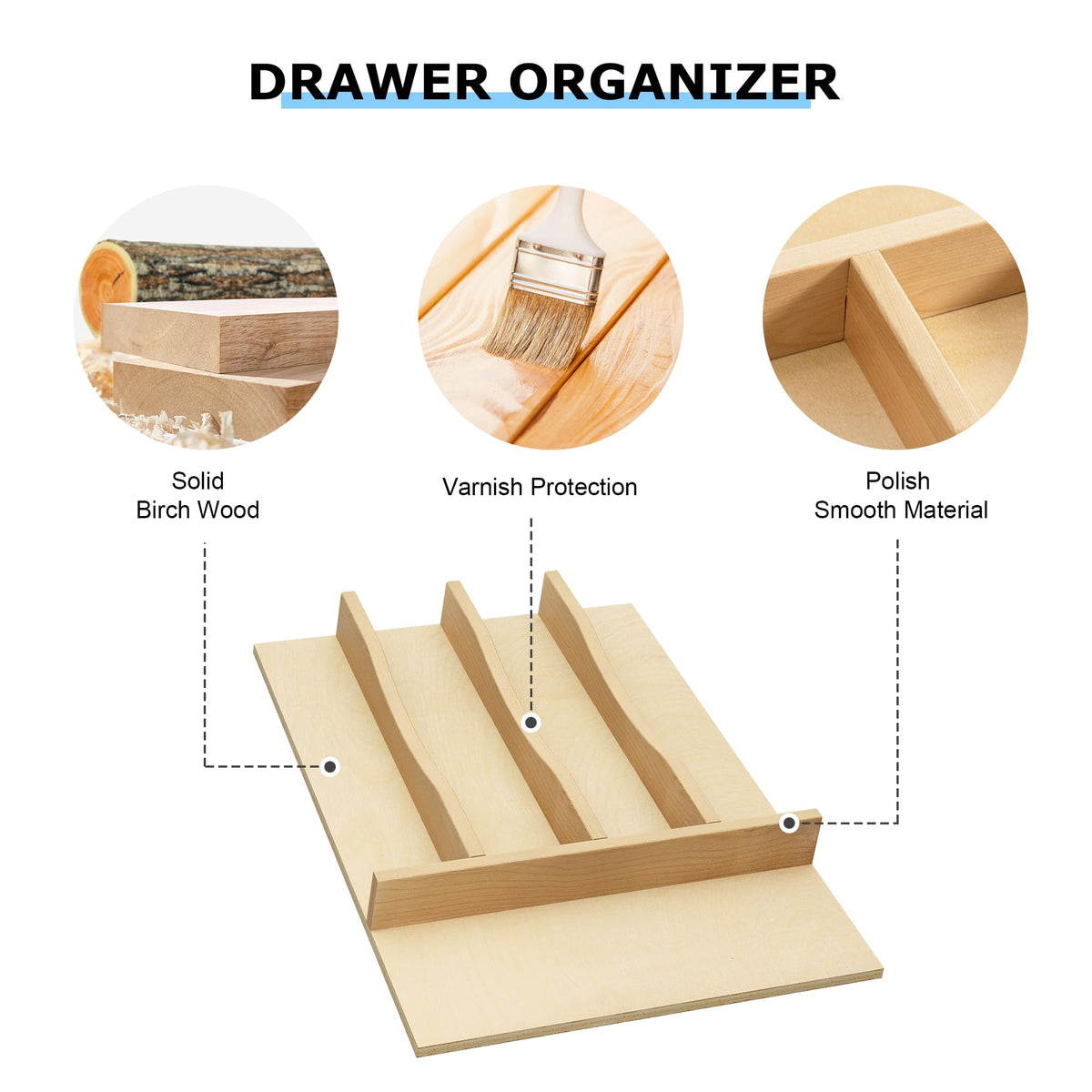 Solid Birch Wood Silverware Drawer Organizer