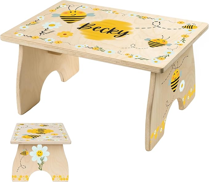 Step Stool for Toddlers- Personalized Wood Kids Step Stool with Name for Kitchen Sink, Bathroom, Potty Training, Toilet, Kitchen Sink- Sturdy and Safe- Made in USA by BloomOwl (Bee)