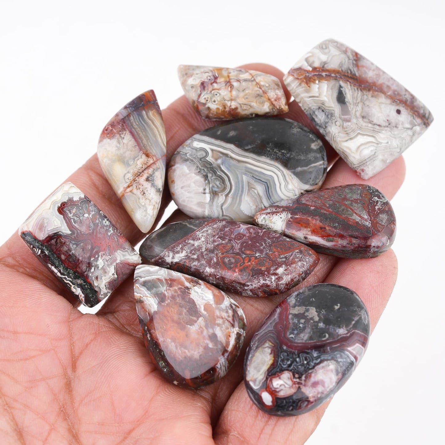 GemSymphony Natural Crazy Lace Agate Gemstone Cabochon Pack of 3 Mixed Shapes – Polished Crystal Stones for Jewelry Making Supply, Healing, Reiki & DIY Crafts, Natural Gem Cab Set for Wire Wrapping (10-20 mm)