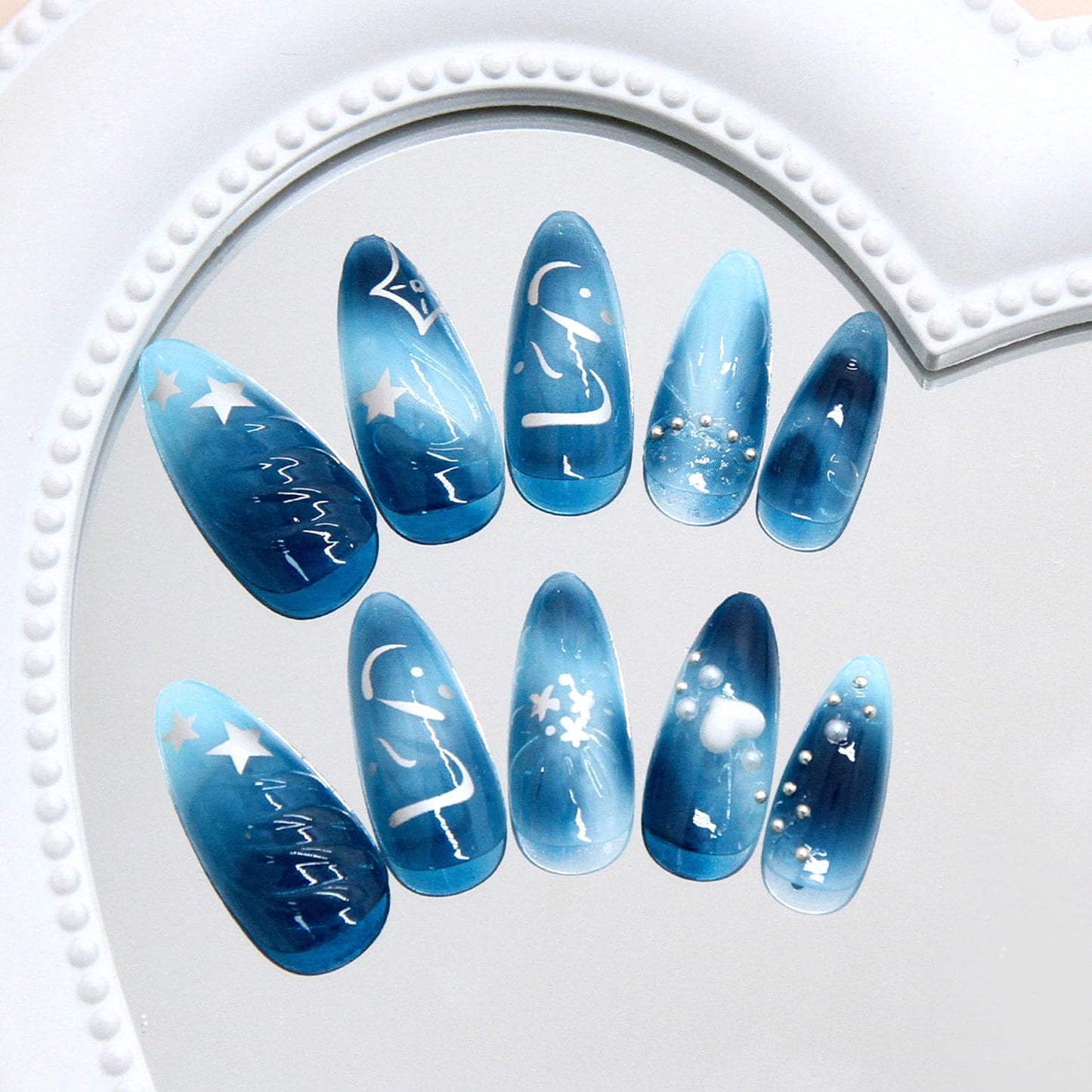 24Pcs Blue Press on Nails Medium Almond Glossy Fake Nails with 3D Wave Heart Pearl Star Sparkle Pattern Cute False Nail French Nails Full Cover Artificial Glue on Nail Handmade Stick on Nail for Women