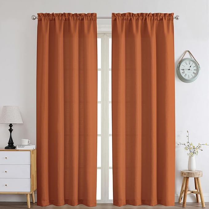 Chyhomenyc Orange Curtains 90 Inch Length 2 Panels Set, Faux Linen Textured Semi Sheer Light Filtering Soft Airy Privacy Farmhouse Curtain Drapes for Living Room Bedroom, 40 Wx90 L Inches