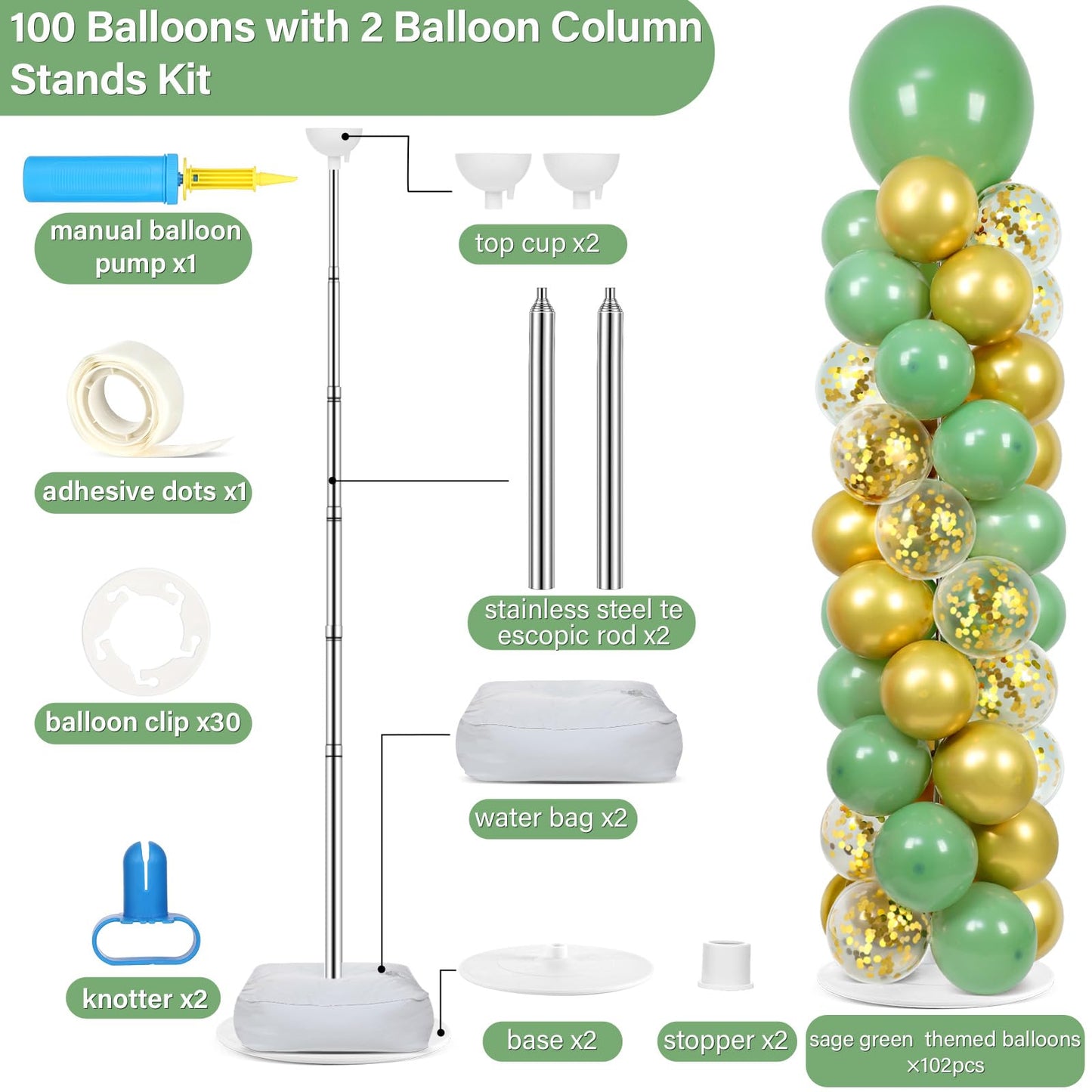 2 Sets Sage Green Balloon Column Stand Kit with 100 Balloons Spring Graduation Adjustable Balloon Tower Stand with Bases Olive Green Gold Column for Mother's Day Birthday Wedding Party Decor