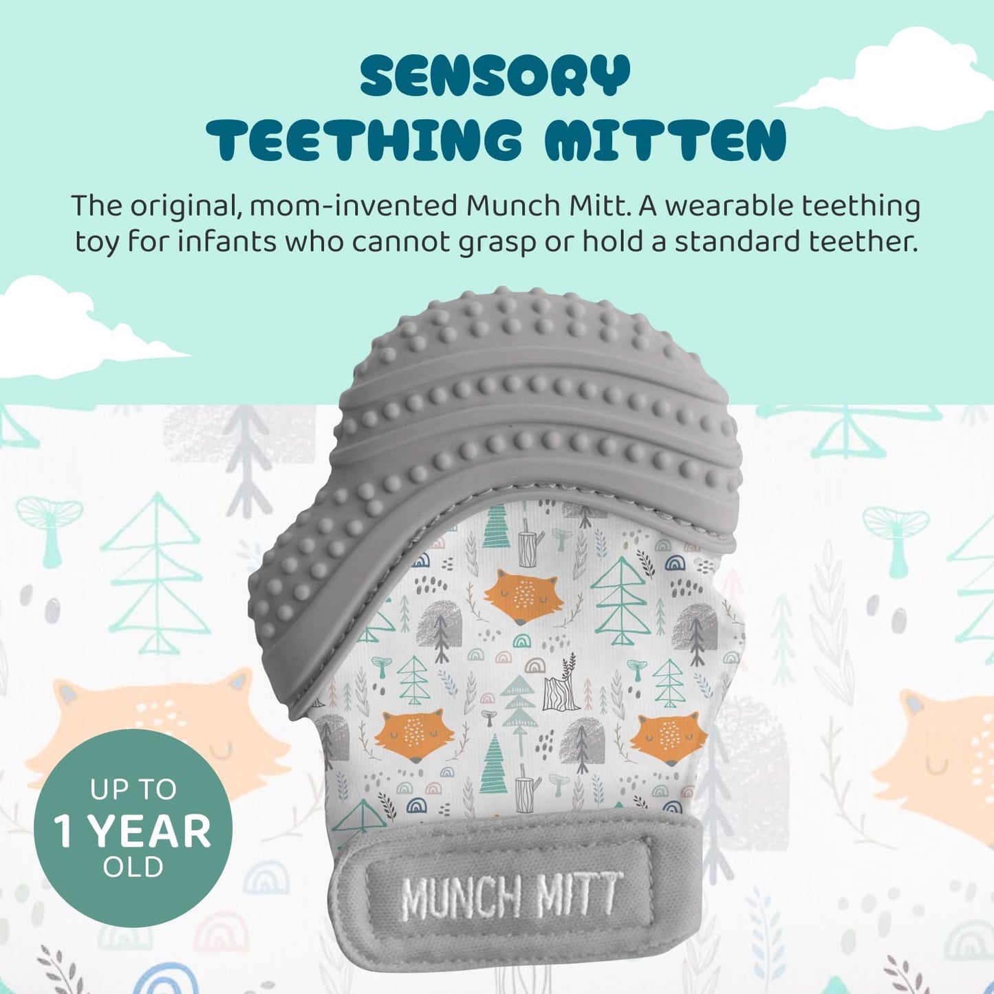 Malarkey Kids Patented Teething Mitten, Munch Mitt Baby Chew Toy - Protects Hands from Chewing & Saliva, Heals Aching Gums, Promotes Sound & Visual Stimulation for Babies - Grey Fox