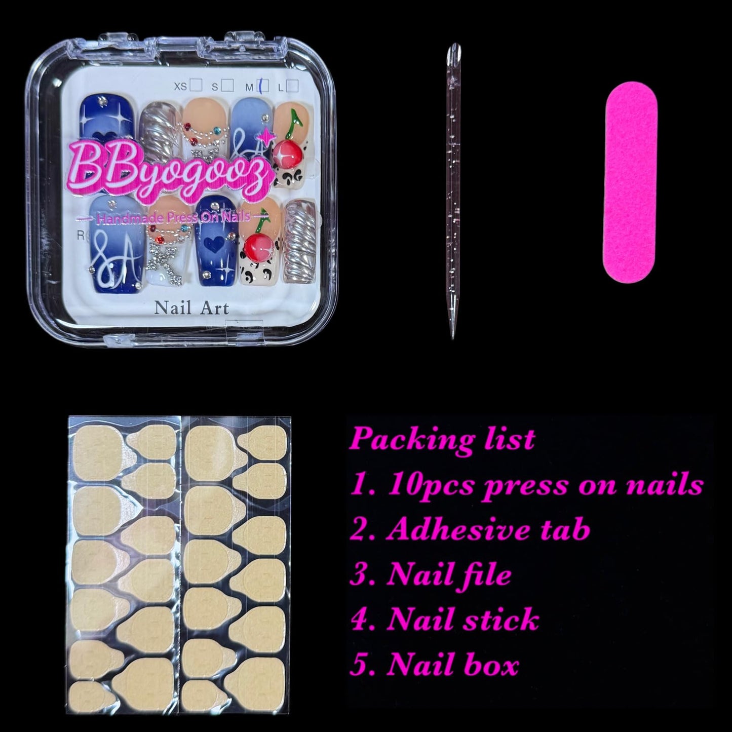 Handmade Press On Nails, Short Square Blue Nude with 3D Cherry, Rhinestone Chrome Acrylic, Reusable Stick On Nails Rebel Symphony (S)