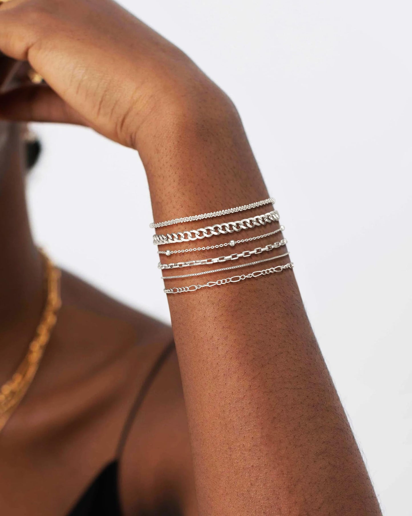 DEARMAY 925 Silver Plated Bracelets for Women Trendy Dainty Silver Plated Jewelry Sets Waterproof Fashion Stackable Box Beaded Figaro Rope Cuban Chain Bracelet Pack Stack Gifts for Womens