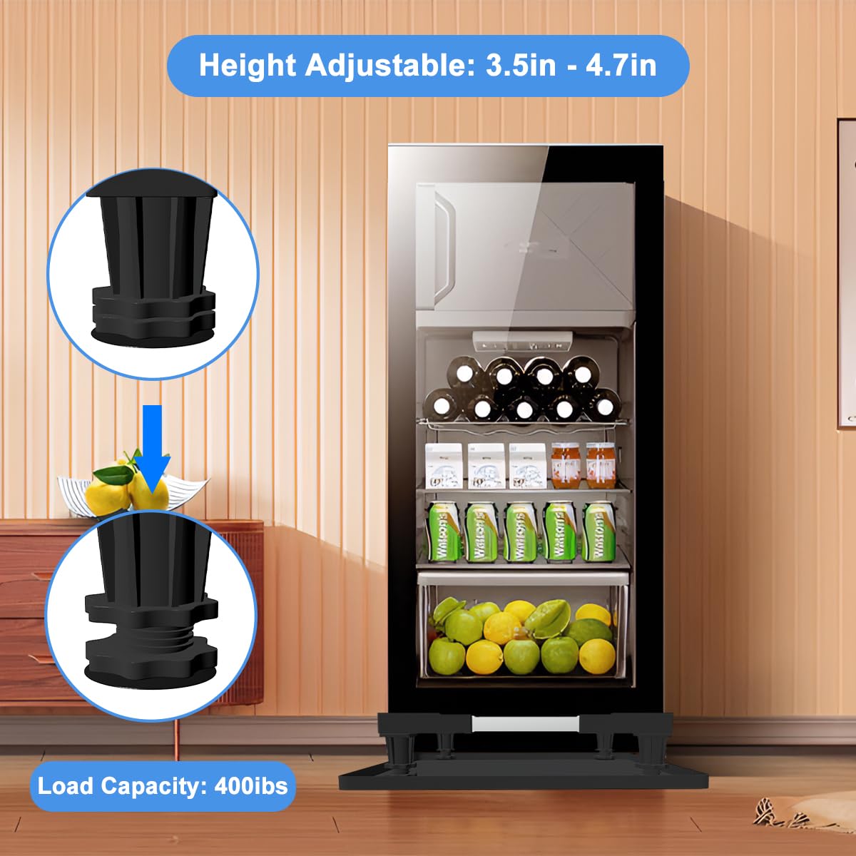 KUPAO Mini Fridge Stand with Silicone Drip Tray, Universal Adjustable Base with 4 Strong Feet, 23.6" x 23.6" Mini Fridge Mat, Suitable for Small Refrigerators, Portable Compact Washer or Dryer, Black