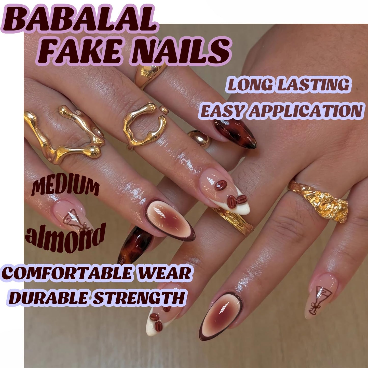 BABALAL Brown Tortoise shell Press on Nails, Fall Trendy Handmade Acrylic Nails with 3D Coffee Beans Design, 24Pcs Full Cover Glue on Nails for Women and Girls