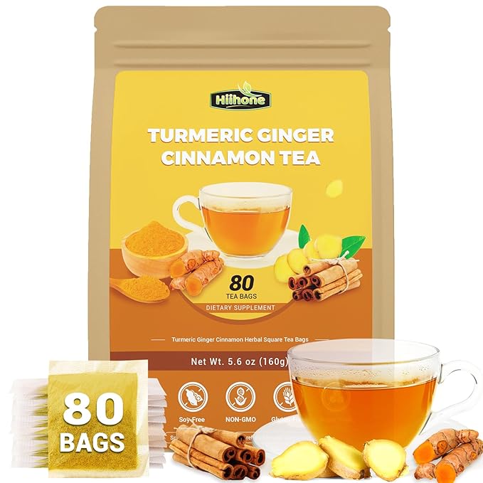 Turmeric Ginger Cinnamon Tea Bags, Turmeric Ginger Herbal Tea, No Sugar, No Caffeine, 80 Teabags