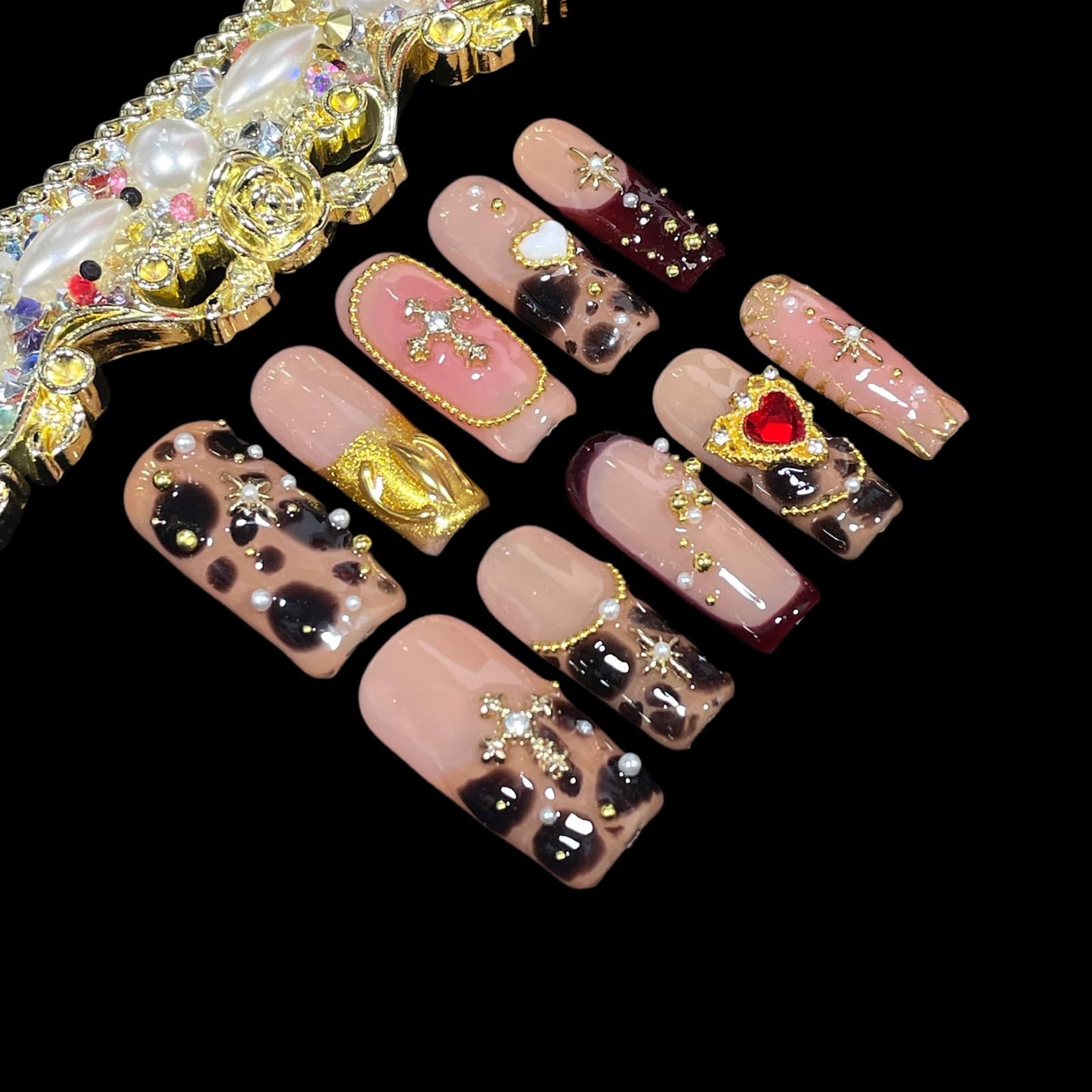 Handmade Press on Nails with Diamond & Gold Cross Chain - Amber Print Medium Long Square False Nails, Reusable Acrylic Luxury Glam Nail Art (Amber, S)