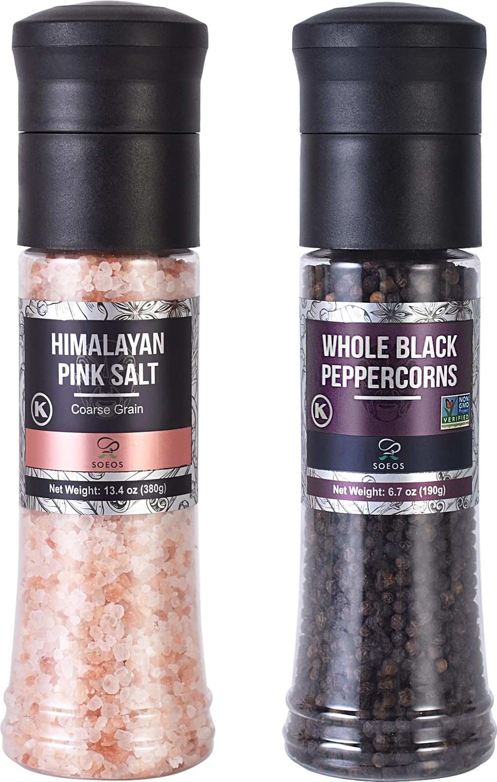 Soeos Whole Black Peppercorns, 6.7oz (190g) and Himalayan Pink Salt, 13.4oz (380g), Plastic Bottle Grinder with Spice Grinder with Salt and Pepper Shaker, Salt and Pepper Set.
