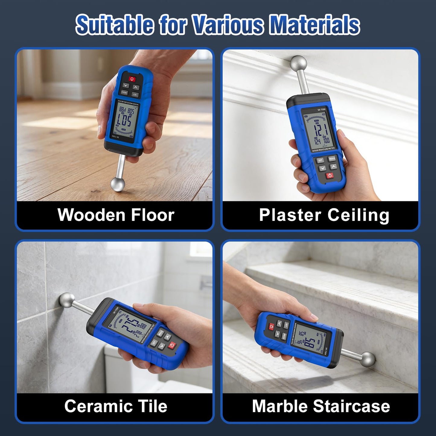 Moisture Meter, Wood Moisture Meter Rechargeable for Drywall Measurement, Pinless Moisture Meter with 20-100mm Measuring Depth for Detecting Humidity Level in Walls, Lumber, Masonry (Blue)