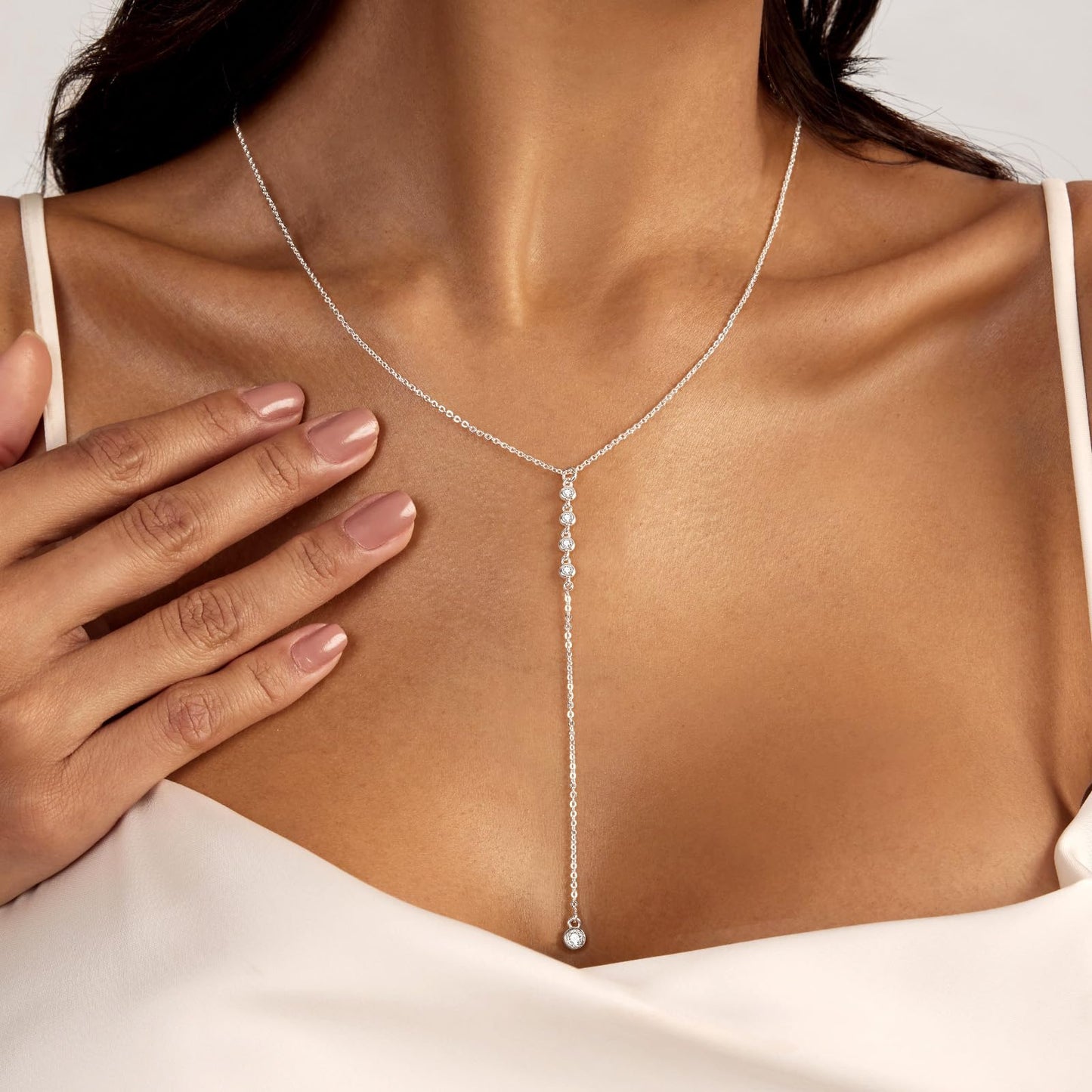 Airmb Long Silver Necklace for Women - Dainty Silver Drop Lariat Necklace Trendy Simple CZ Y-Shaped Body Chain Wedding Prom Dangle Statement Necklace Jewelry Gifts