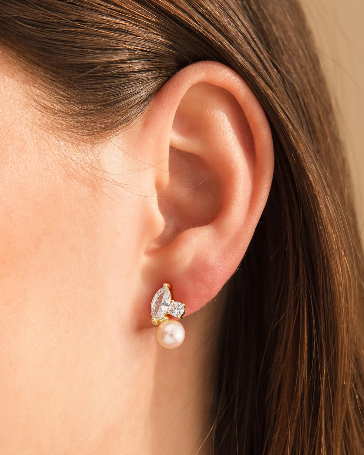 BSGRL Pearl Earrings - 14k Gold Plated Sparkle Cubic Zirconia Pearl Stud Earrings for Women Wedding Party Bridal