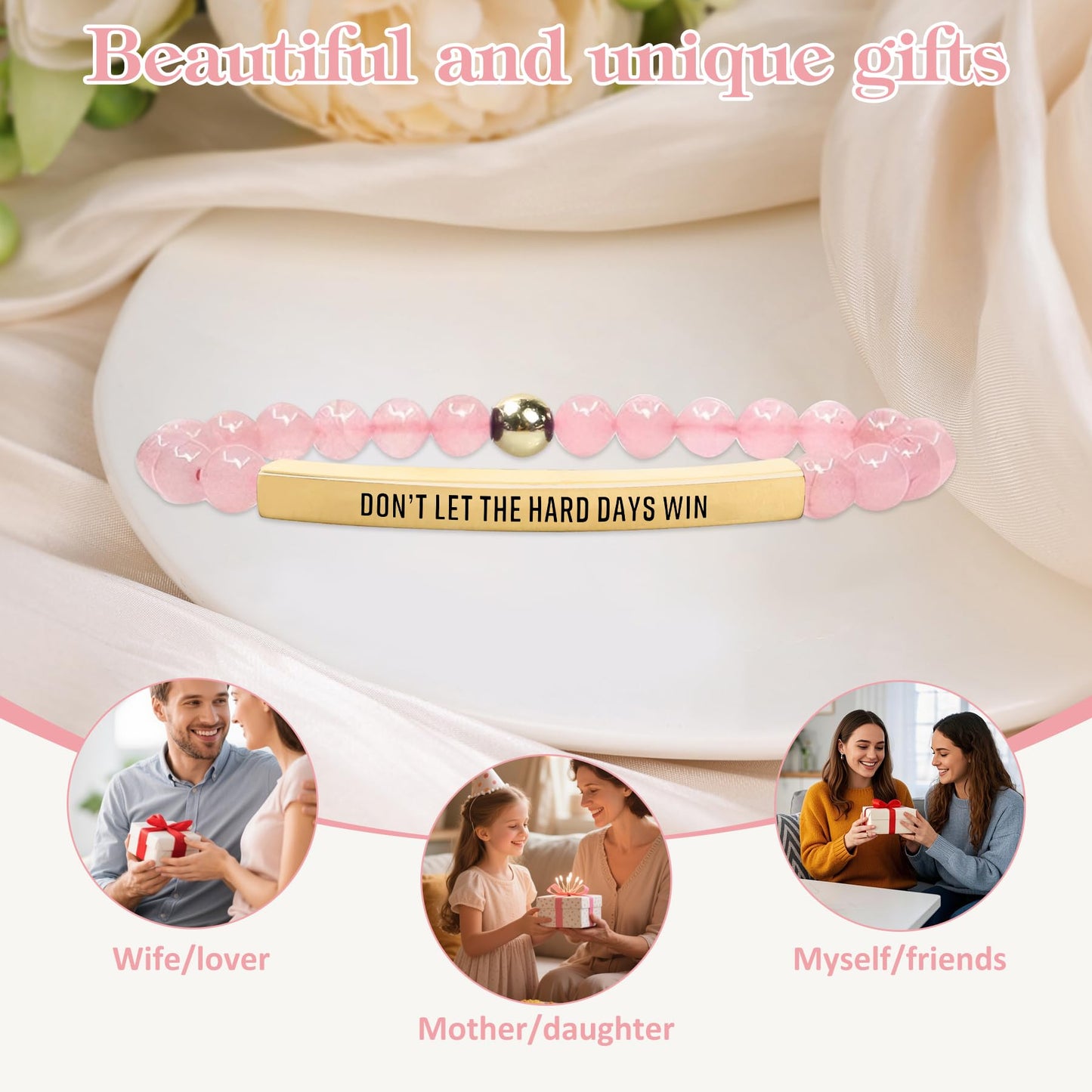 INSYOHO Dont Let the Hard Days Win Bracelet – Inspirational Healing Crystal Bracelet for Women & Men, Rose Quartz Beaded Adjustable, Motivational Gift for Stress Relief & Positivity